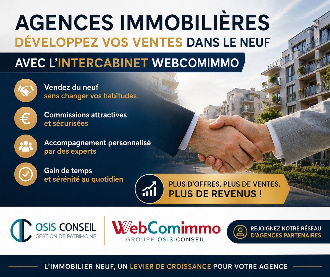 Agences immobilières : développez vos ventes dans le neuf avec l’intercabinet Webcomimmo. Vendez du neuf sans changer vos habitudes, commissions attractives et sécurisées, accompagnement personnalisé par des experts, gain de temps au quotidien.